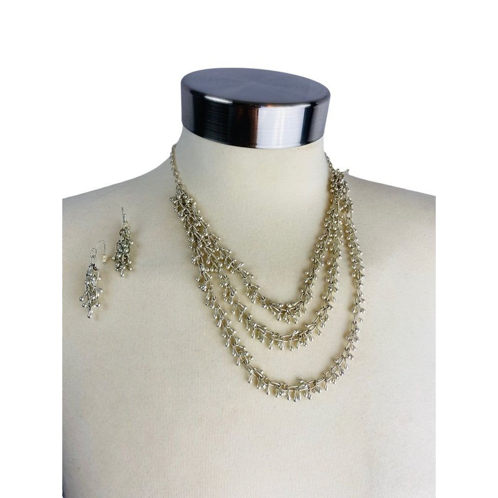 Necklace and Earring Jewelry Set Triple Strand Silvertone Lightweight Pierced Ho